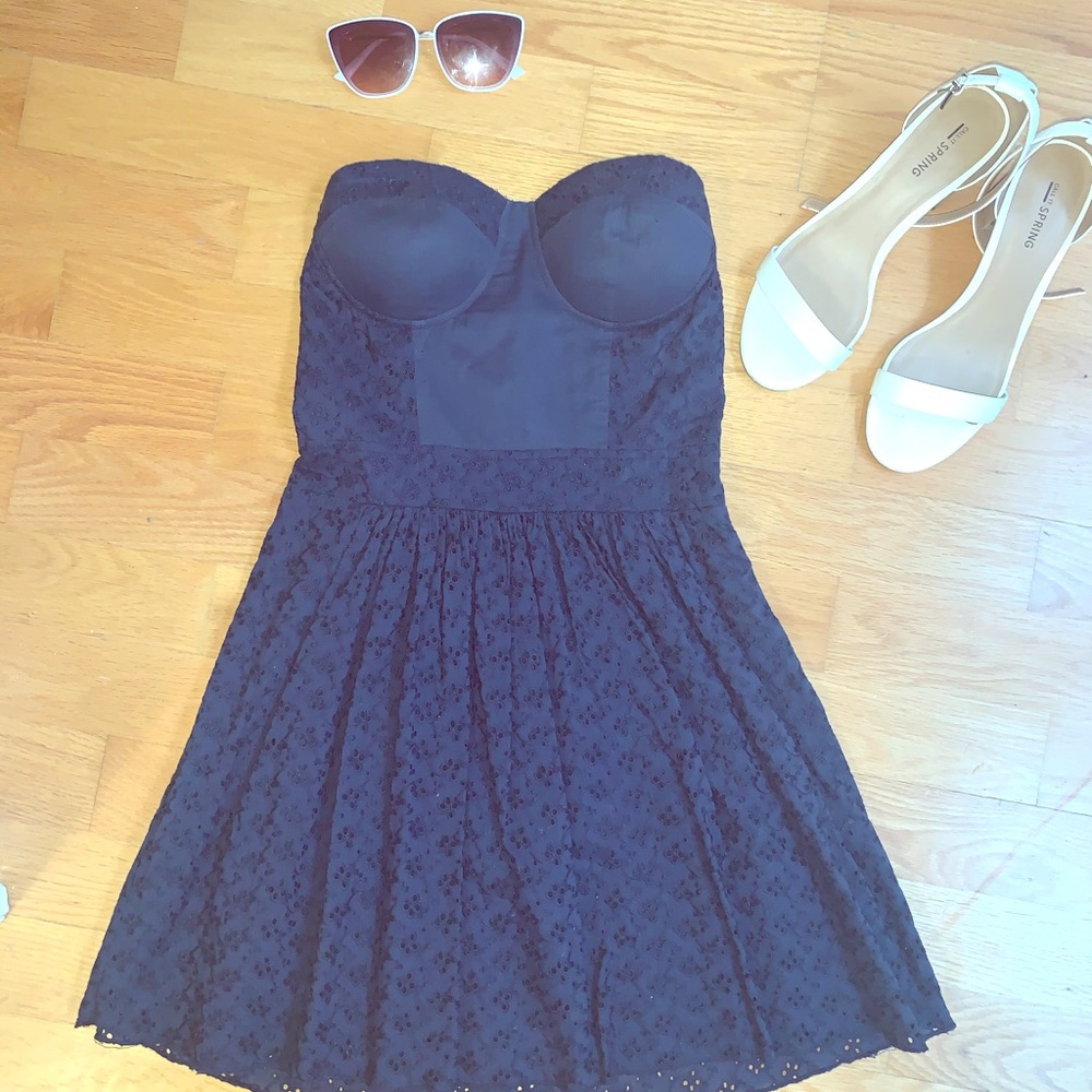 Navy Blue Strapless Dress with Crochet Detail